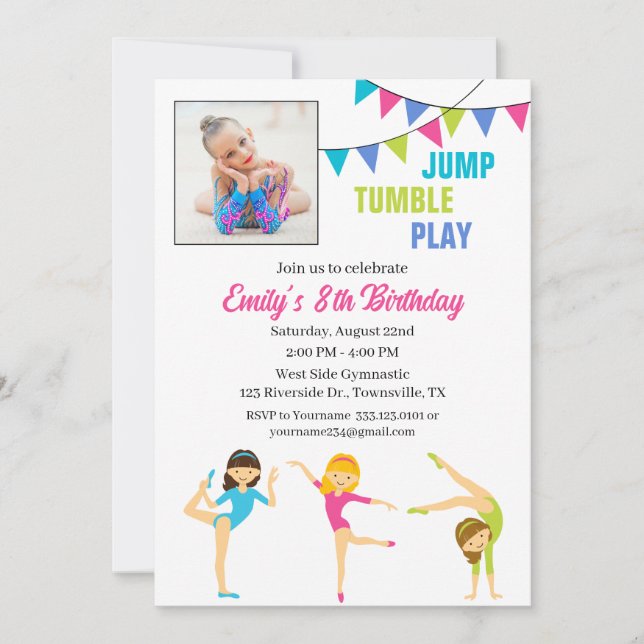 Invitación de cumpleaños de gimnasia para niña (Anverso)