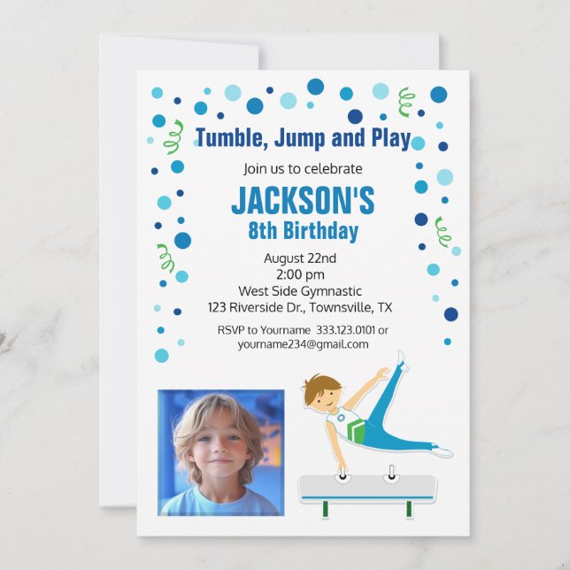 Invitación de cumpleaños de gimnasia para niño (Anverso)