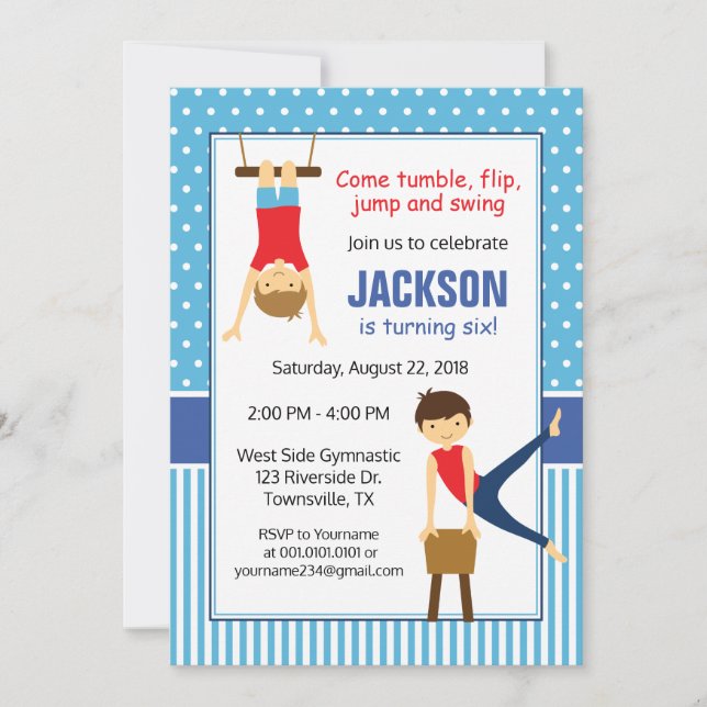 Invitación de cumpleaños de gimnasia para niño (Anverso)