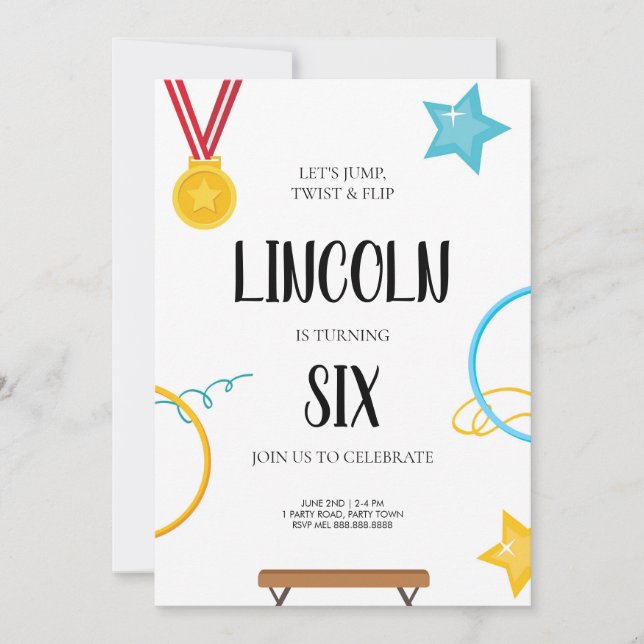 Invitación de cumpleaños de gimnasia para niños (Anverso)