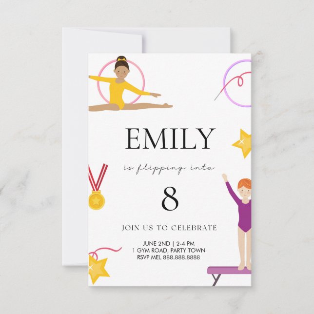 Invitación de cumpleaños de gimnasia para niños (Anverso)