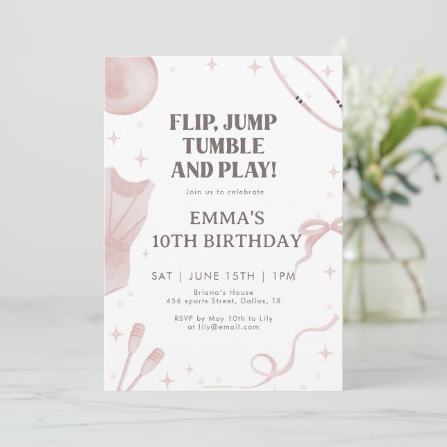 Invitación de cumpleaños de gimnasia rosa para niñ (Anverso de pie)