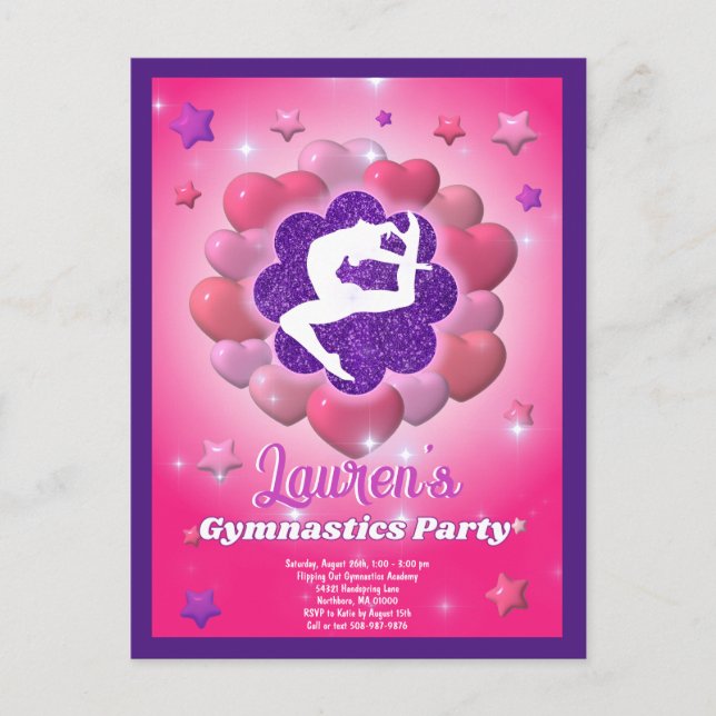 Invitación de cumpleaños de gimnasia Rosa Púrpura (Anverso)