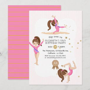 Invitación de cumpleaños de gimnasia rosa y dorado