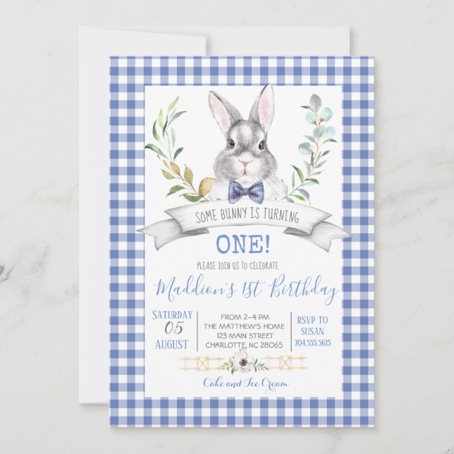 Invitación de cumpleaños de Gingham (Anverso)