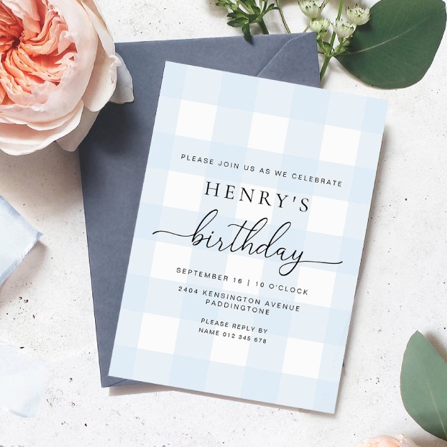 Invitación de cumpleaños de gingham azul (Subido por el creador)