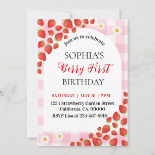 Invitación de cumpleaños de gingham de fresa Berry
