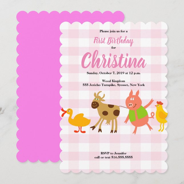 Invitación de cumpleaños de Gingham Farm Animal Ba (Anverso / Reverso)