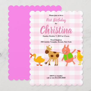 Invitación de cumpleaños de Gingham Farm Animal Ba
