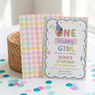 Invitación de cumpleaños de Gingham Pastel de Una