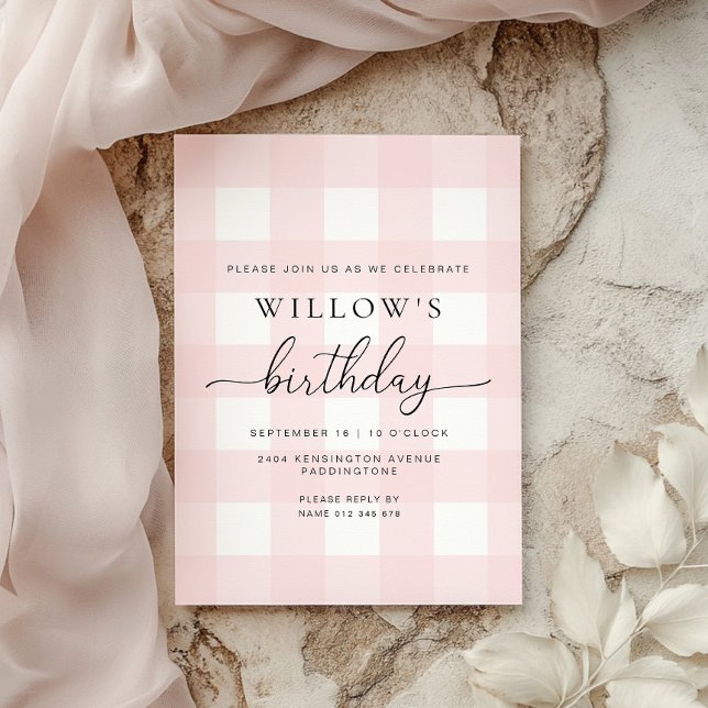 Invitación de cumpleaños de gingham rosa (Subido por el creador)