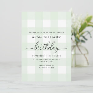 Invitación de cumpleaños de gingham verde menta