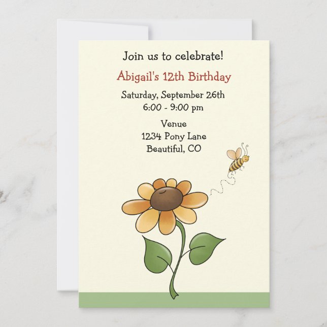 Invitación de cumpleaños de girasol para Chicas (Anverso)