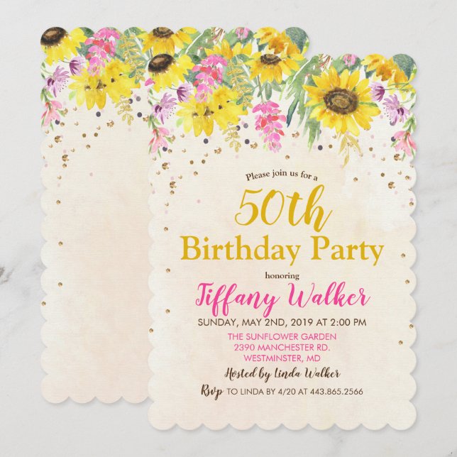 Invitación de cumpleaños de girasol para cualquier (Anverso / Reverso)