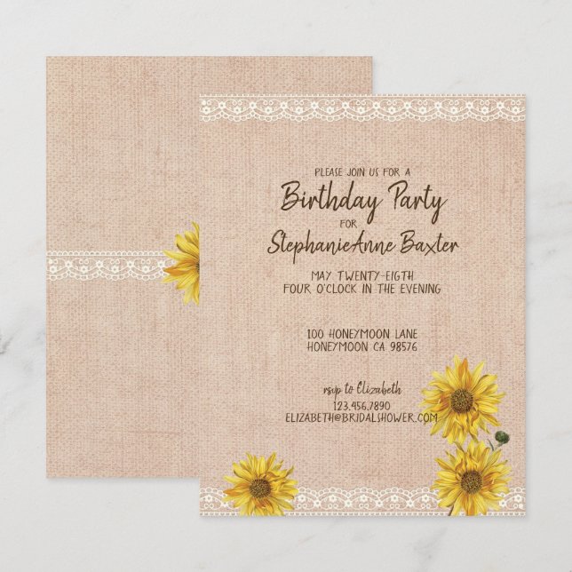 Invitación de cumpleaños de girasoles con encaje r (Anverso / Reverso)