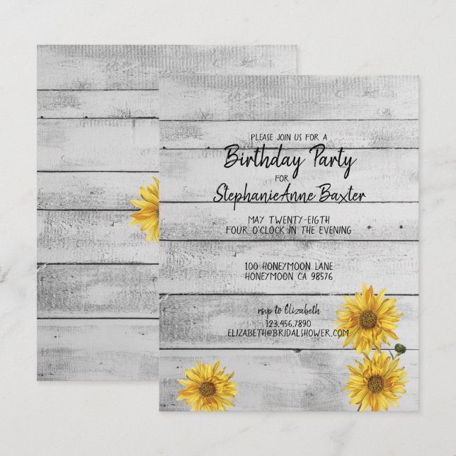 Invitación de cumpleaños de girasoles de madera bl (Anverso / Reverso)