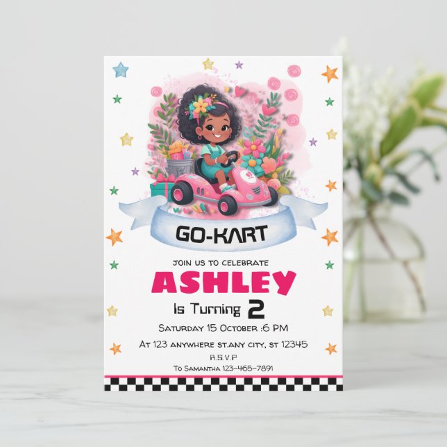 Invitación de cumpleaños de Girly Go Kart (Anverso de pie)