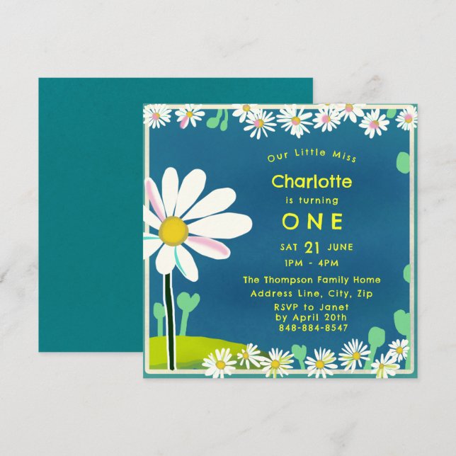 Invitación de cumpleaños de Girly Sweet Daisy Blue (Anverso / Reverso)