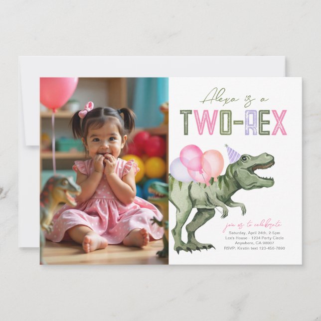 Invitación de cumpleaños de Girly Two-Rex Dinosaur (Anverso)