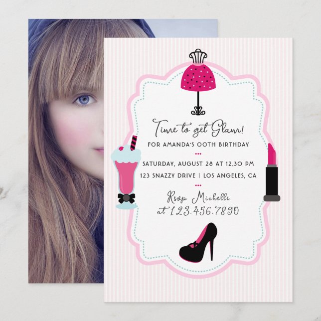 Invitación de cumpleaños de Glam Fashion Diva (Anverso / Reverso)