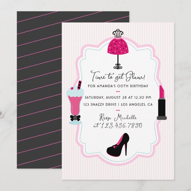 Invitación de cumpleaños de Glam Fashion Diva (Anverso / Reverso)