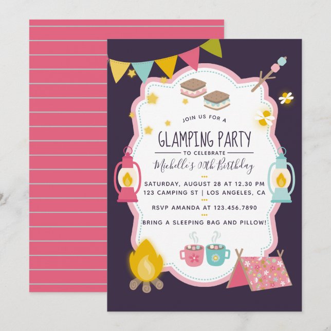 Invitación de cumpleaños de Glamping (Anverso / Reverso)
