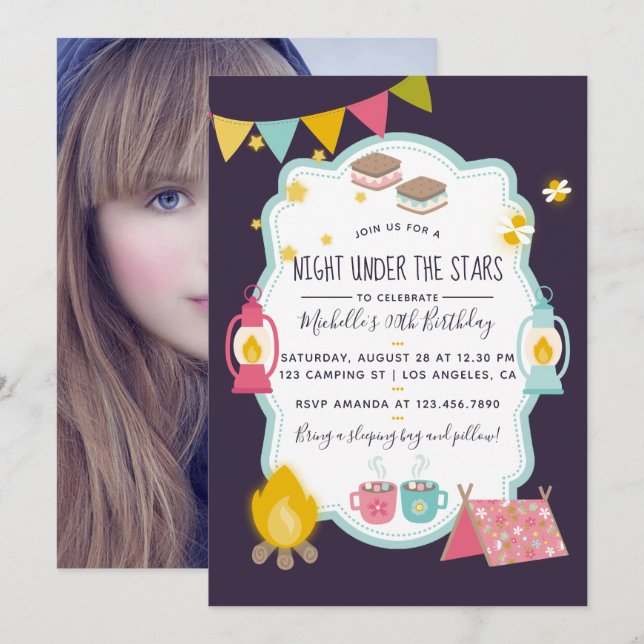 Invitación de cumpleaños de glamping femenino con  (Anverso / Reverso)