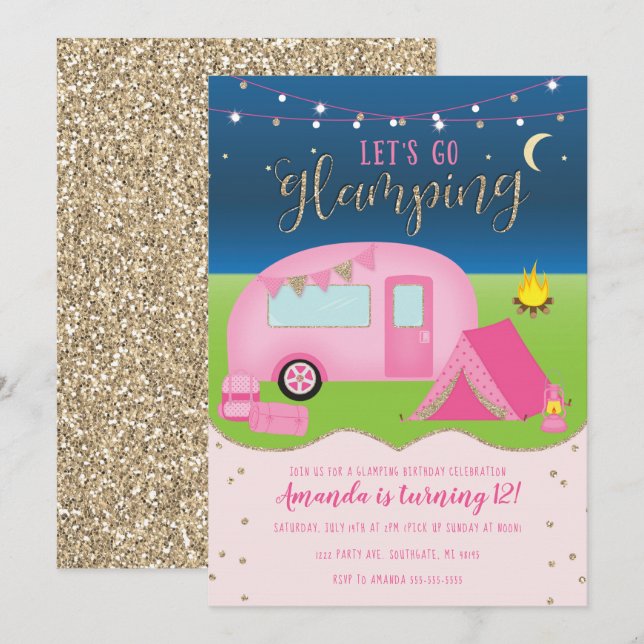 Invitación de cumpleaños de Glamping Girls Camping (Anverso / Reverso)