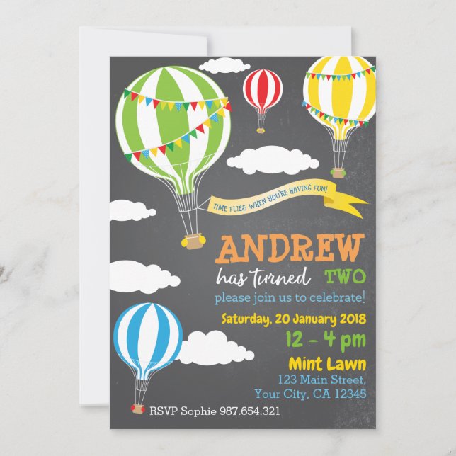 Invitación de cumpleaños de globo aerostático (Anverso)