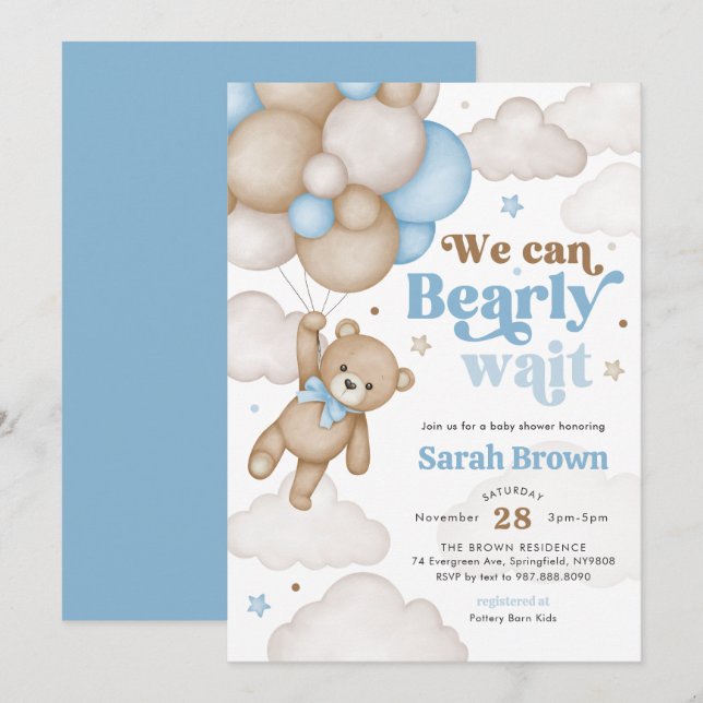 Invitación de Cumpleaños de Globo de Oso Azul (Anverso / Reverso)