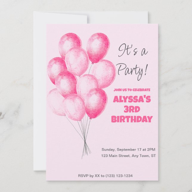 invitación de cumpleaños de globo rosa chica (Anverso)