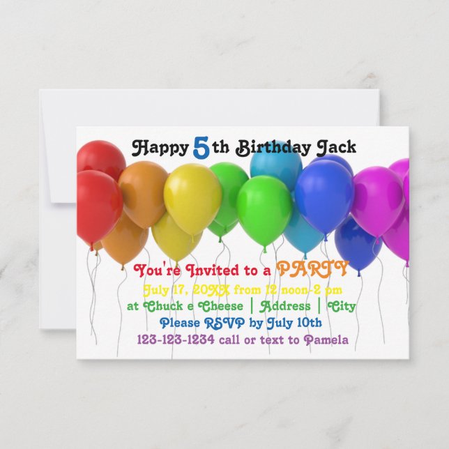 Invitación de cumpleaños de globos arcoiris 3x5 (Anverso)