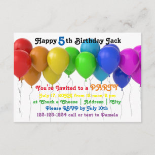 Invitación de cumpleaños de globos arcoiris 3x5