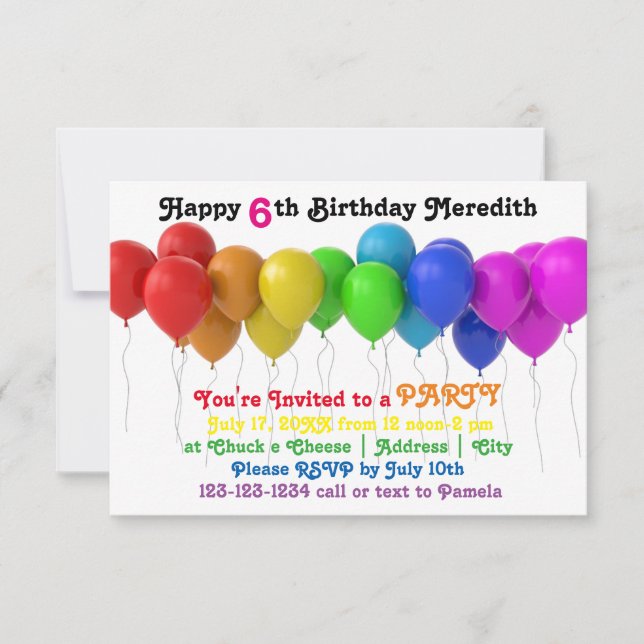 Invitación de cumpleaños de globos arcoiris 3x5 (Anverso)