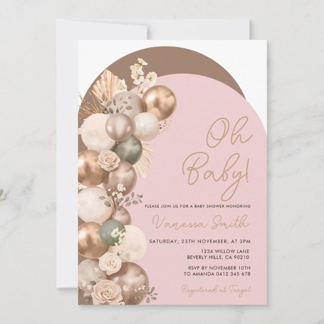 Invitación de Cumpleaños de Globos Rosa Salvia par (Anverso)