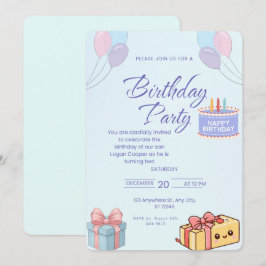Invitación de cumpleaños de globos y regalos azule
