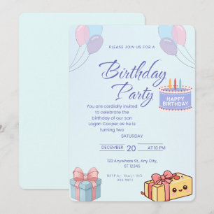 Invitación de cumpleaños de globos y regalos azule