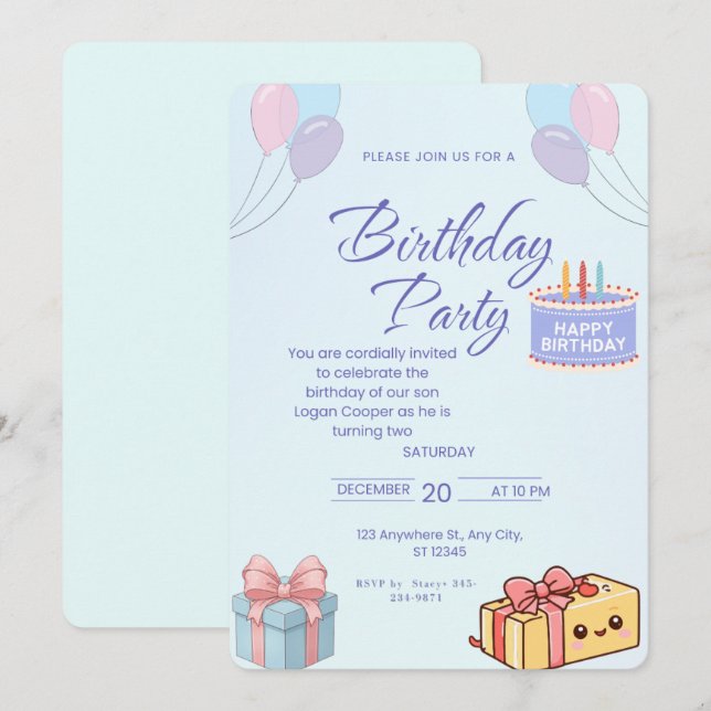 Invitación de cumpleaños de globos y regalos azule (Anverso / Reverso)