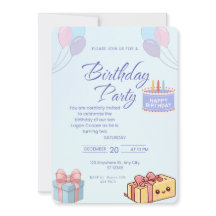 Invitación de cumpleaños de globos y regalos azule