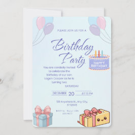 Invitación de cumpleaños de globos y regalos azule