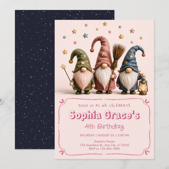 Invitación de cumpleaños de gnomo de cuento acoged (Anverso / Reverso)