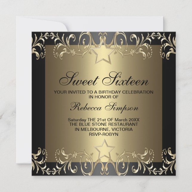 Invitación de cumpleaños de Gold & Black Star Swee (Anverso)