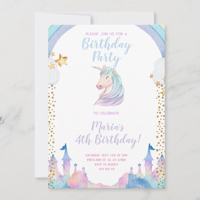 Invitación de cumpleaños de Gold Castle Unicorn (Anverso)