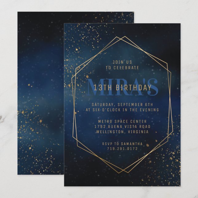 Invitación de cumpleaños de Golden Galaxy (Anverso / Reverso)