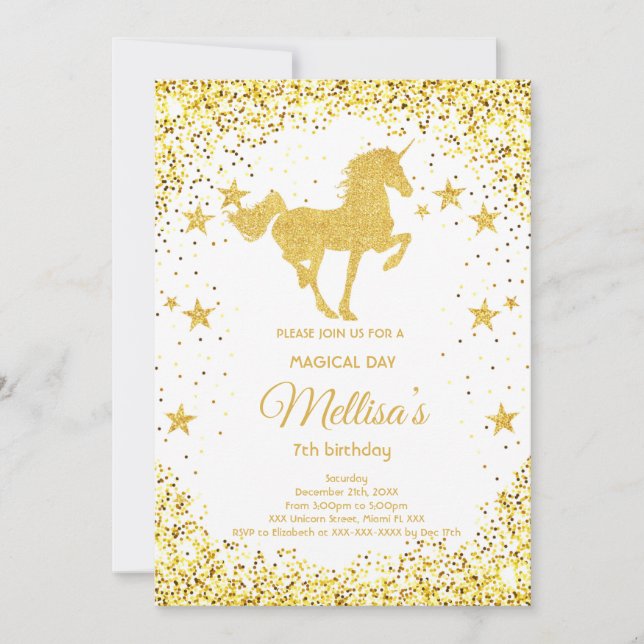 Invitación de cumpleaños de Golden Purpurina unico (Anverso)