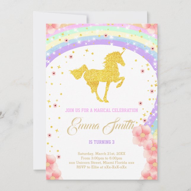 Invitación de cumpleaños de Golden unicorn (Anverso)