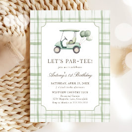 Invitación de cumpleaños de golf a cuadros verde s