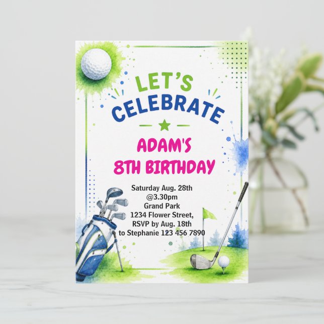 Invitación de cumpleaños de golf acuarela (Anverso de pie)