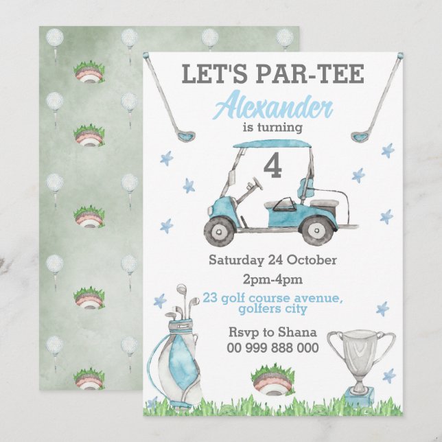 Invitación de cumpleaños de Golf Blue Par-Tee (Anverso / Reverso)