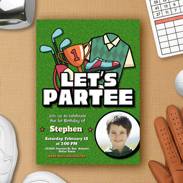 Invitación de cumpleaños de golf con foto Lets Par (Lets Partee - Golf Birthday Invitation with Photo)